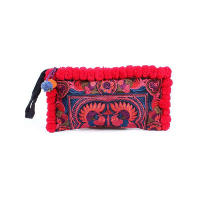 Ethnic Lanna Hmong Birds and Pom Poms Clutch red